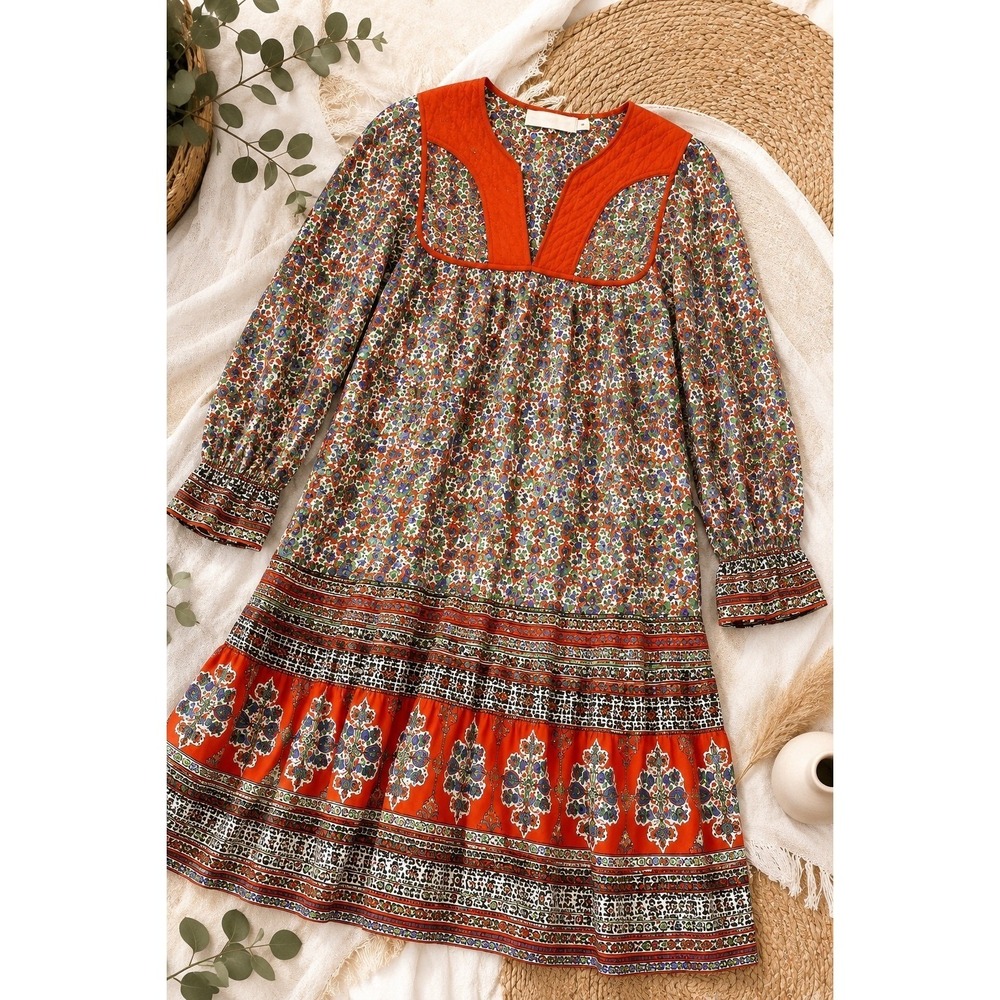Tory Burch Floral Dress Womens M Boho Cottagecore Quilted Yoke Midi Long Sleeve